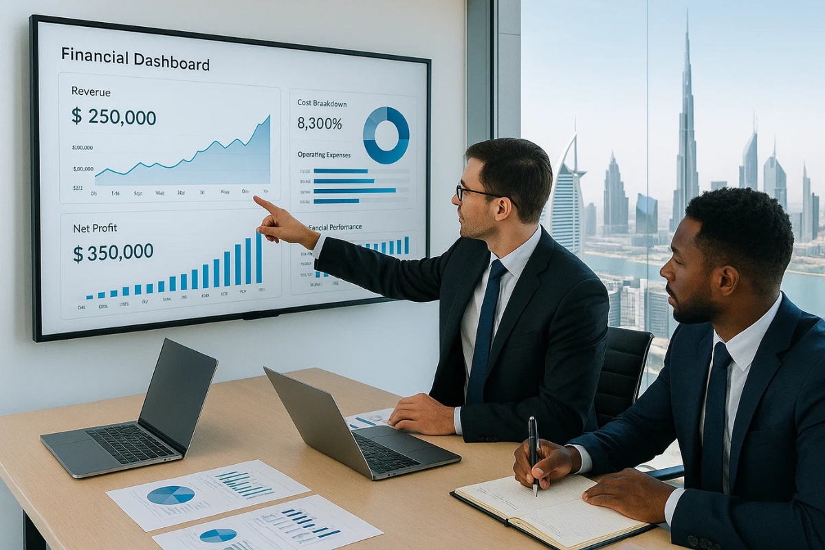 Financial analysts reviewing business performance data in a Dubai office. Al Aqeeq Accounting Services, Dubai.