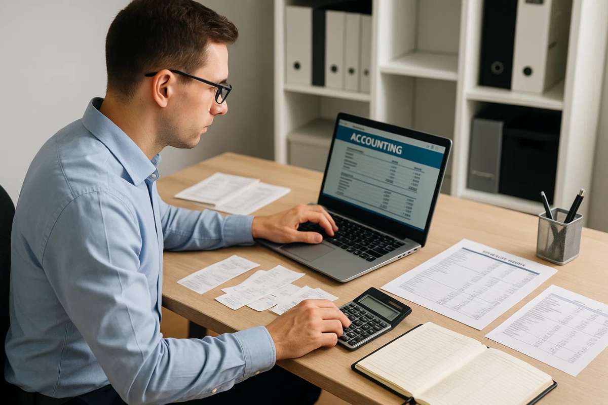 Bookkeeping expert entering financial data with documents and ledger in front. Al Aqeeq Accounting Services, Dubai.