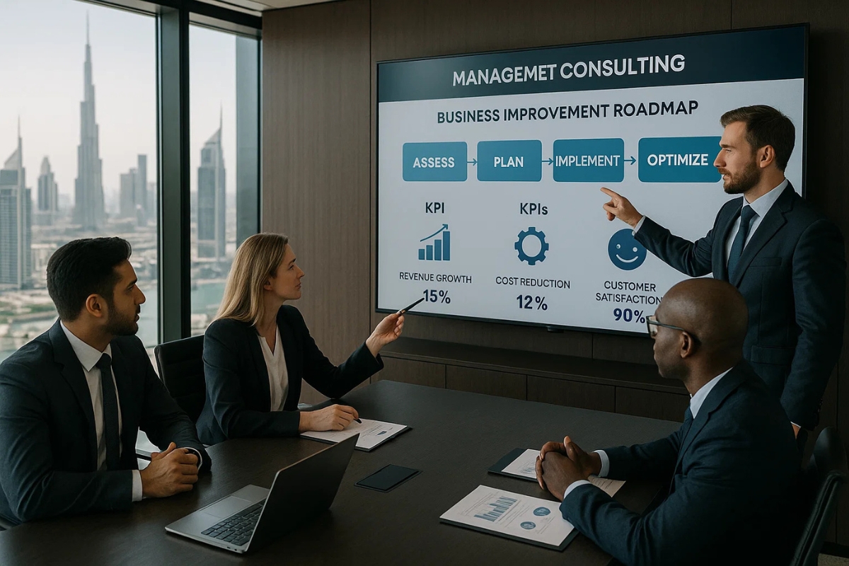 Management consultants planning strategy for business growth in Dubai. Al Aqeeq Accounting Services, Dubai.