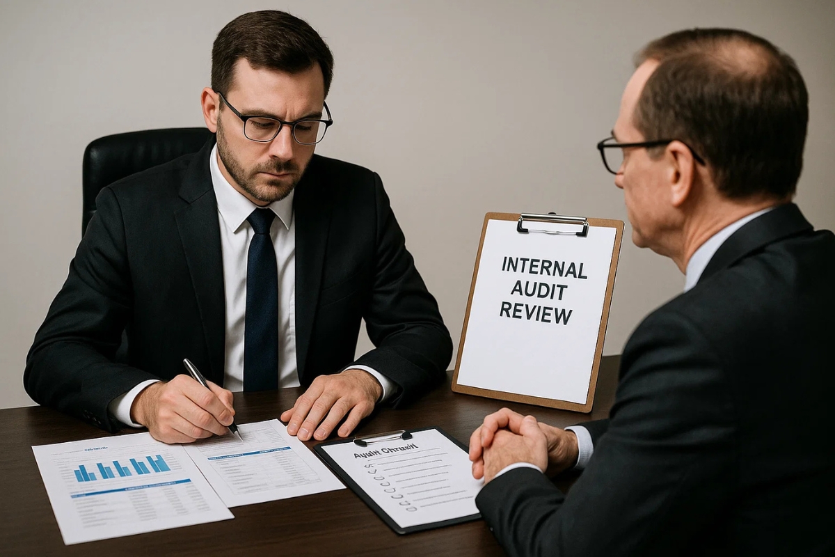 Statutory auditor reviewing financial documents in an audit support meeting. Al Aqeeq Accounting Services, Dubai.