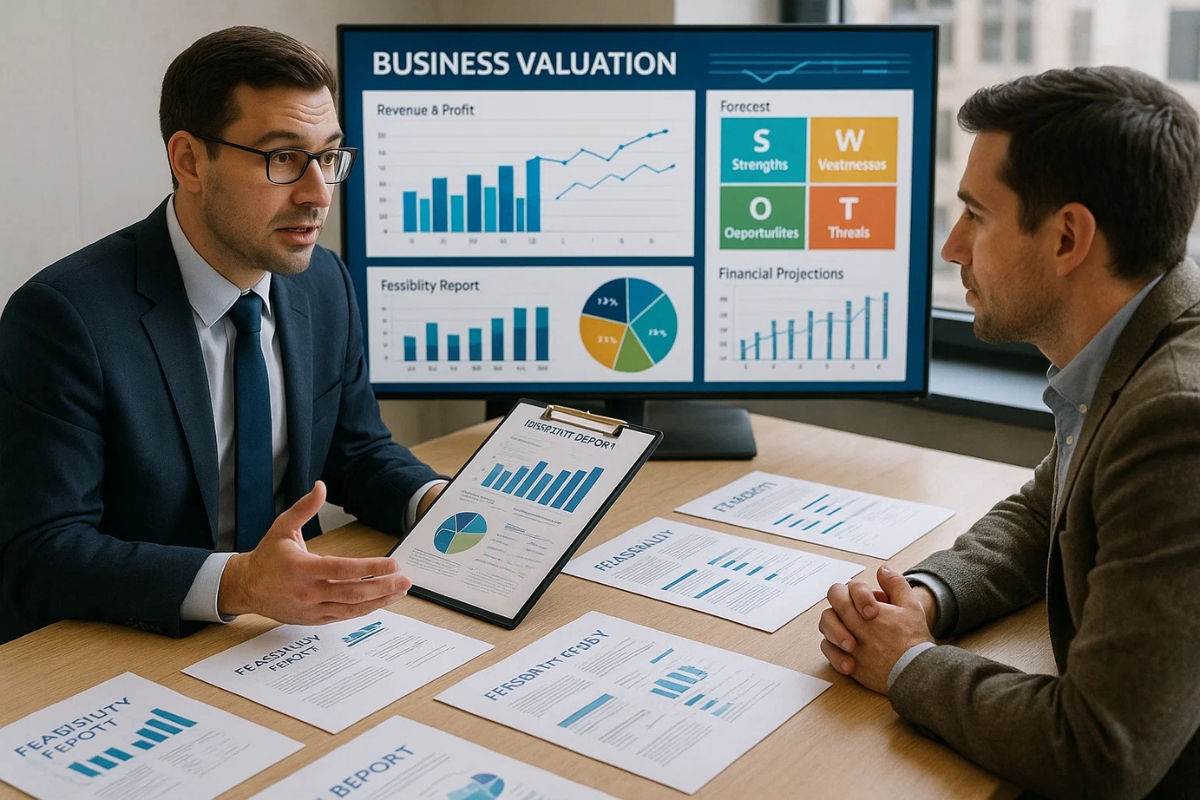 Advisor presenting financial feasibility report and valuation summary to client. Al Aqeeq Accounting Services, Dubai.