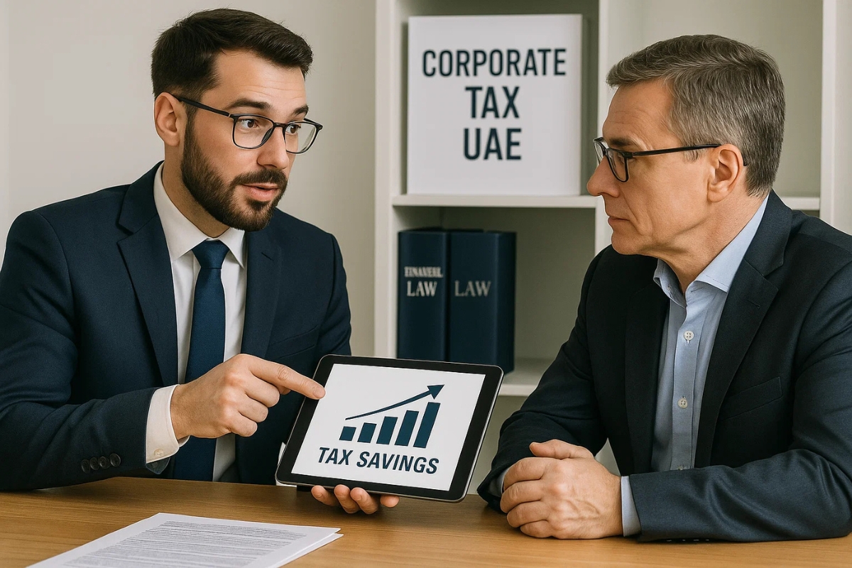 Corporate tax advisor explaining tax planning strategies in a consultation. Al Aqeeq Accounting Services, Dubai.